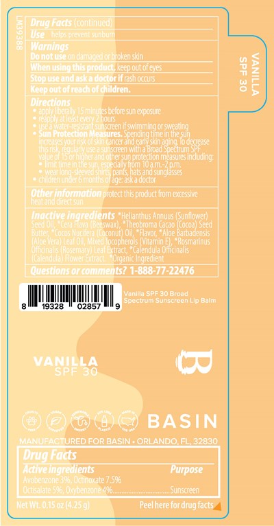 Lm39388 Basin Vanilla Spf 30 Broad Spectrum Sunscreen 0.15 Oz Lip Balm Label Artwork (84603 170 01 Lm39388 Basin Vanilla Spf 30 Broad Spectrum Sunscreen Lip Balm 2025 7 16 Ol)